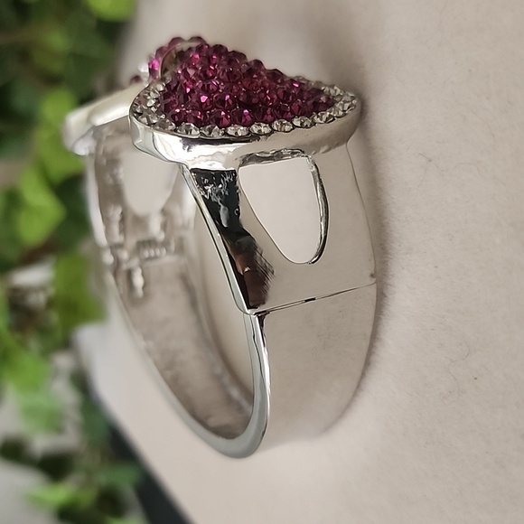 Silver with Pink and Clear CZ Bow Clamper Hinge Bling Bracelet - Picture 6 of 9